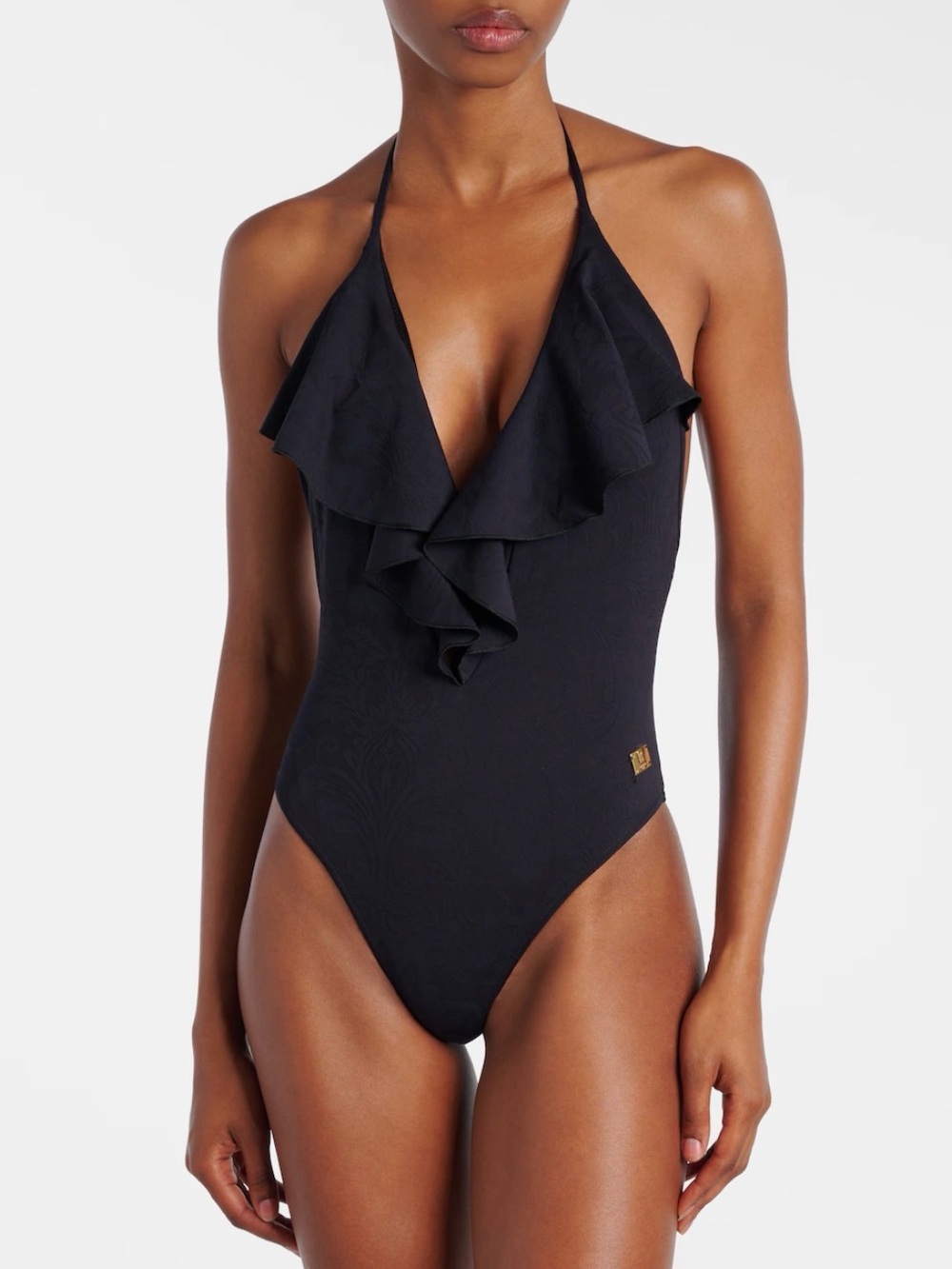 Balmain Black Frilled One-Piece Swimsuit 38
